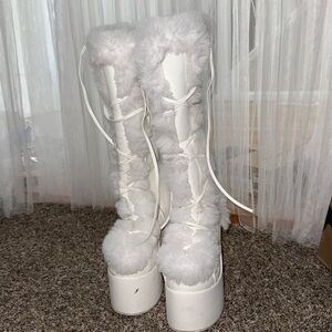 White Furry Platform Boots
